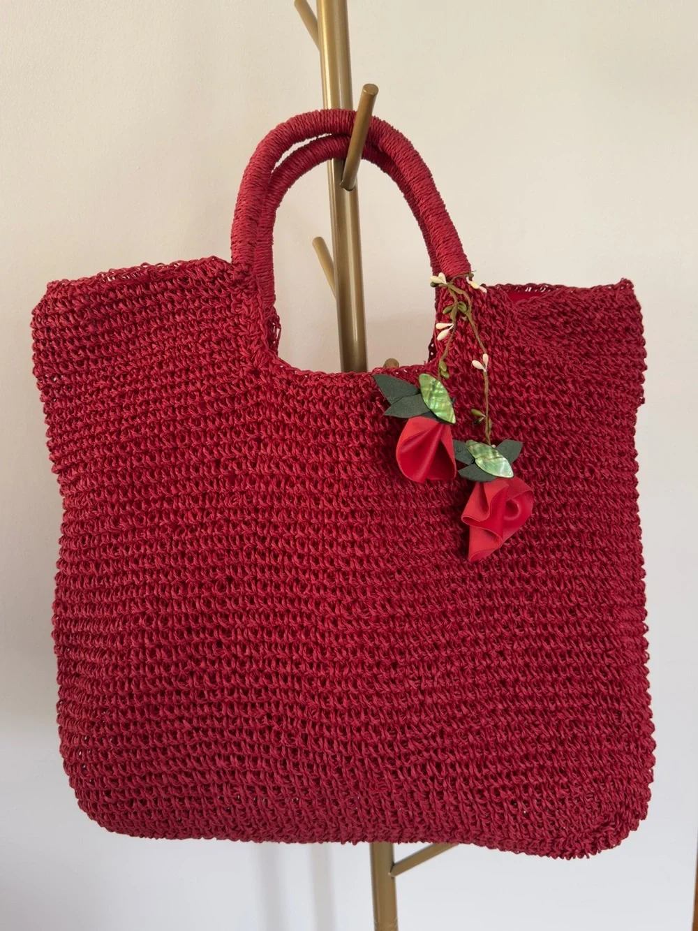 Topshop Straw Crochet Tote Bag with Floral Charm - Red - Picture 1 of 7